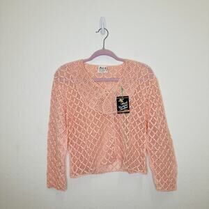Lim's Vintage Hand Crocheted Cotton Button Down Cardigan Sweater Salmon Pink Med